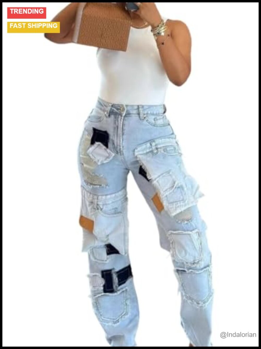 High Waisted Baggy Cargo Jeans Patchwork Y2K Streetwear Denim